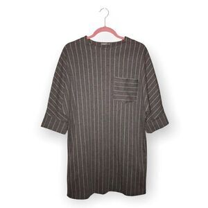 Zara Collection Stripe Short Sleeve Shirt Dress Front Pocket Grey White‎
